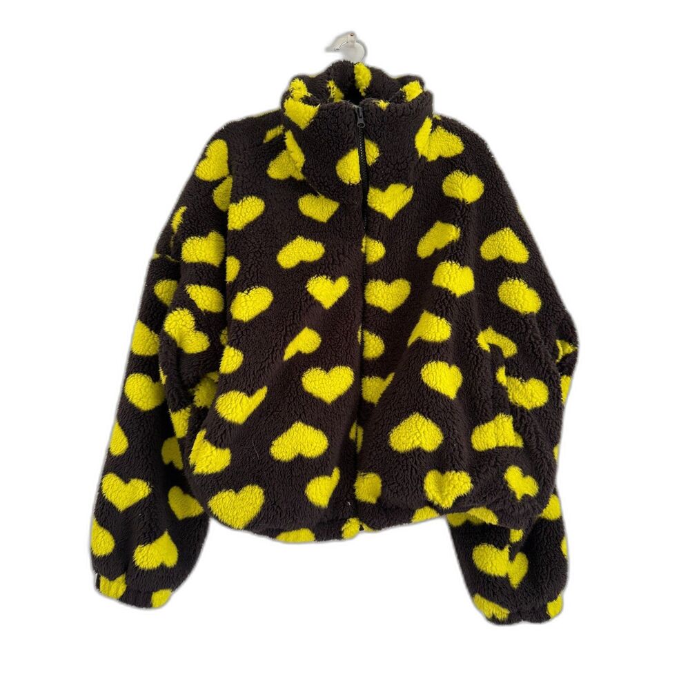 Urban Outfitters Black & Lime Green Hearts Olivia Sherpa Jacket Women Medium